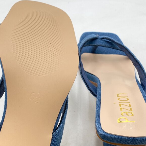 Pazzion Denim Blue Open Square Toe Kitten Heel Flip Flop Sandals Slip On Slipper - Picture 6 of 8